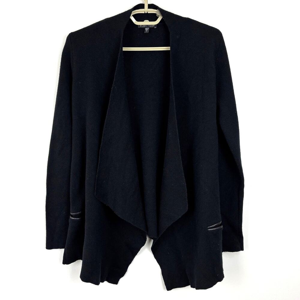 Eileen Fisher 100% Merino Wool Cardigan XS pockets waterfall *tiny flaw